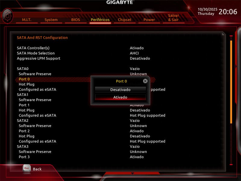 Tela da BIOS mostrando portas SATA habilitadas para detecção do HD