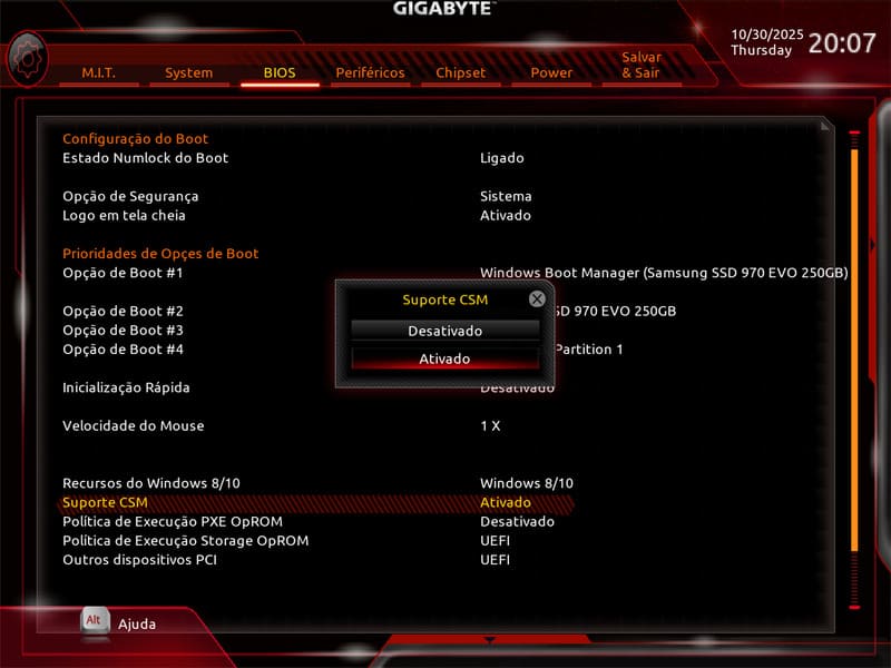 Tela da BIOS mostrando o módulo CSM (Compatibility Support Module) ativado para compatibilidade com HDs antigos